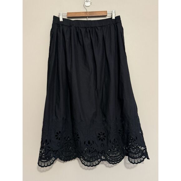 Talbots Embroidered Poplin Skirt Midi Maxi Fit Flare Full Black Pocket Cotton 8 - Picture 12 of 13